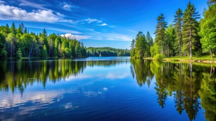 Obraz premium Scenic lake surrounded by towering trees under a clear blue sky, lake, trees, nature, tranquil, peaceful, reflection, landscape
