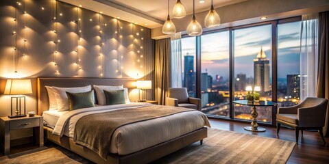 Luxurious hotel bedroom with bokeh lighting creating a serene ambiance at dusk, luxury, hotel, bedroom, bokeh