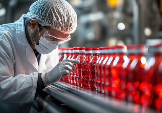 Quality Control Technician Inspecting Bottled Beverages in a Manufacturing Plant, Ensuring Product Standards and Safety Protocols are Met in Food Production Environment