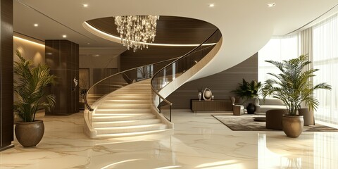 Fototapeta premium luxury brown and ivory curve stairs in a modern hotel reception lobby with elegant ornaments and luxury chandelier 
