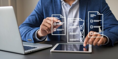 Businessman Using Digital Checklist on Tablet and Laptop