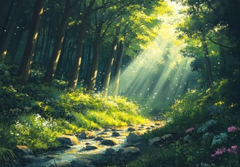 Obraz premium Serene Forest Landscape with Sunlight Filtering Through Trees, Illuminating a Peaceful Stream Surrounded by Lush Greenery and Colorful Flowers in Nature
