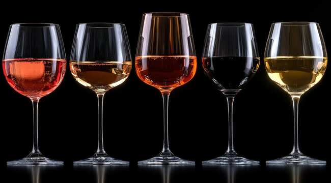 Five wine glasses with different wine types on black background.
