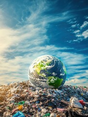 a beautiful green and blue planet earth globe in the garbage heap with beautiful blue sky, environmental and ecology concept