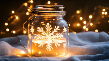 A mason jar with a snowflake design glows warmly, illuminated from within.  Fairy lights create a magical bokeh background, resting on soft fabric. Perfect for a cozy winter scene.