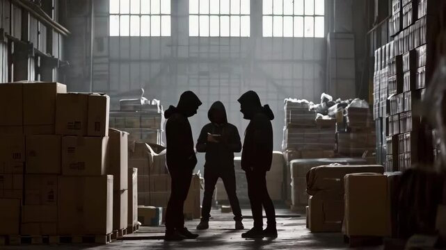Silhouette of people doing illegal trafficking in warehouse full of boxes. Crime organization concept