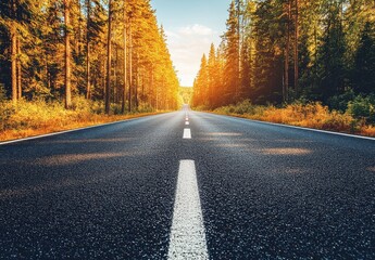 Serene Open Road Surrounded by Dense Pine Forests and Sunlit Trees Leading into Horizon under Clear Blue Sky at Golden Hour in Nature Paradise