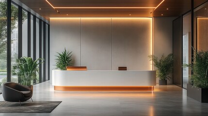 Modern Reception Area Minimalistic Design with Lush Plants and Natural Light