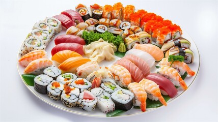 Lifelike photo of a sushi platter with various rolls and sashimi
