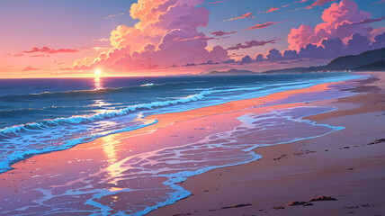 Sunset Beach Serenity, anime nature background wallpaper
