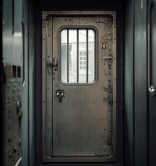 Sturdy Metal Door with Grate in Dimly Lit Hallway Leading to Unknown Destination, Symbolizing Isolation and Mystery in Architectural Design