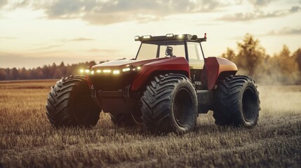 Futuristic red tractor driving across harvested field at sunset.