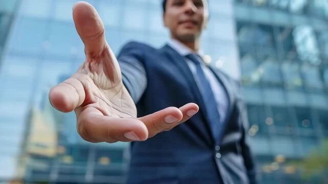 Latino business man reaching out hand with central business district as background