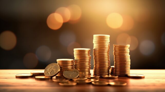 Stacks of Glimmering Gold Coins on a Table with a Radiant Glowing Background Displaying Wealth