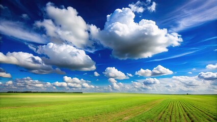 Obraz premium Field with a blue sky and fluffy white clouds, field, sky, clouds, landscape, nature, outdoor, scenery, weather, peaceful