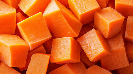 Close up of vibrant orange sweet potato cubes showcasing their texture