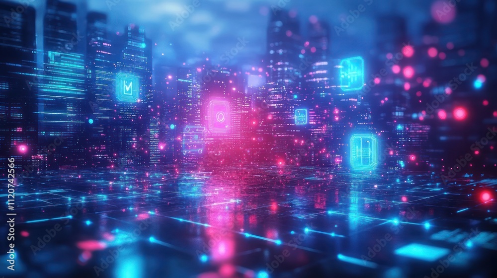 Poster futuristic cityscape interacting with digital technology holograms in cyberpunk style