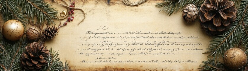 Festive holiday arrangement with vintage letter cozy cabin decorative content natural environment close-up view nostalgic concept