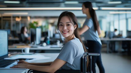 Fototapeta premium Confident young Asian businesswoman in wheelchair working in modern office, highlighting accessibility and inclusion in the workplace. Empowerment and diversity concept 