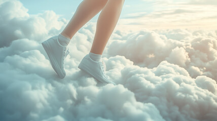 雲の上を歩く白いスニーカーの足
