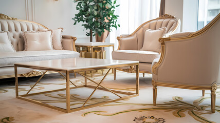 Living Room with Gold-Framed Upholstered Furniture and Marble Coffee Table