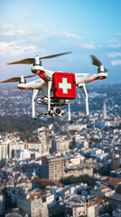 Drone Delivering Medical Supplies Over Cityscape
