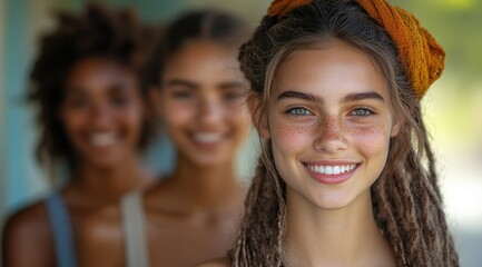 Obraz premium Happy diverse women smiling, friendship, summer.