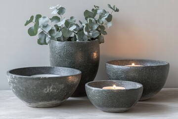 Elegant decorative bowls with eucalyptus minimalist interior home decor cozy space aesthetic viewpoint nature inspired design