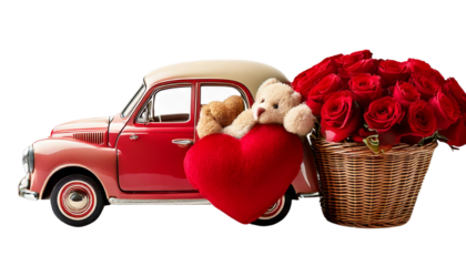 Vintage car with heart shaped stuffed animal and red roses for valentines day on white background
