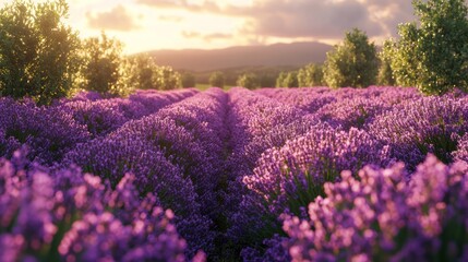 Fototapeta premium Sunset over rows of vibrant lavender in a field.