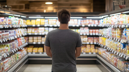 A man shopping in a grocery store, pushing a cart and looking at products

