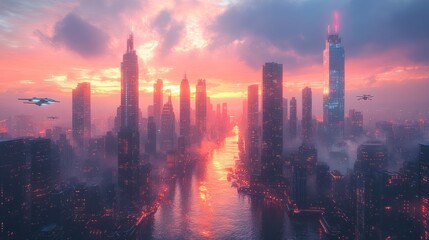 Fototapeta premium Futuristic city skyline at sunset with river and flying vehicles.
