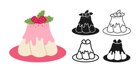 Christmas pudding icon set. Winter Xmas dessert with strawberry simple illustration. Graphic design symbol New year. Sweet pudding sign for Christmas greeting card postcard, sticker, invitation vector