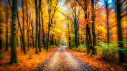Blurred pathway in a forest with autumn leaves and vibrant colors, forest, pathway, blurred, autumn, leaves, colors, foliage