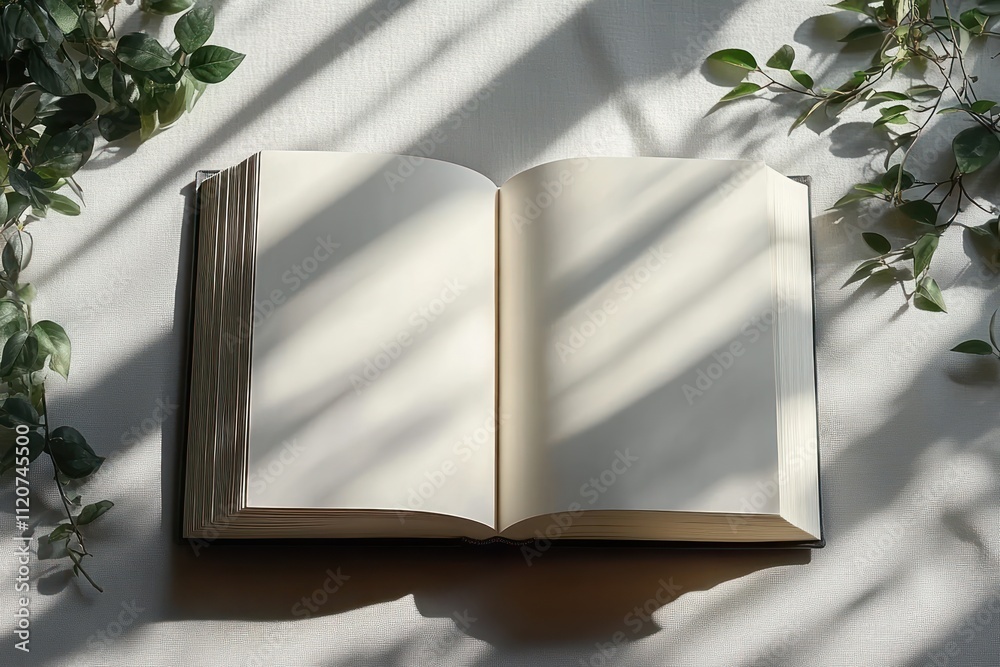 Poster minimalist open blank book with leaf shadow on white surface in natural light