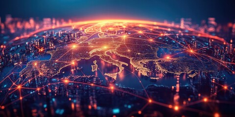 Futuristic Digital Globe of Europe Cyberpunk Style Network Connectivity and Data Exchange