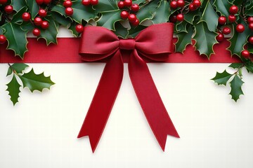 Festive holiday decoration indoor setting image of holly and ribbon celebratory environment top-down view christmas concept