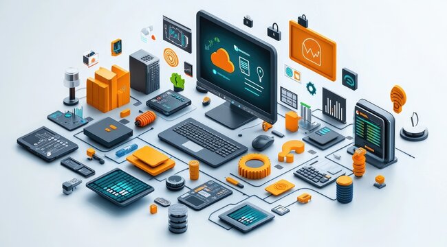 Isometric illustration of interconnected devices and cloud computing. (1)