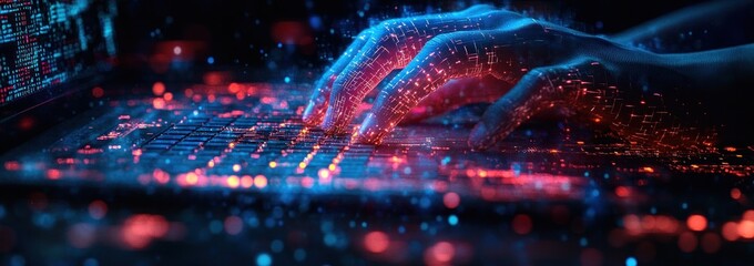 Futuristic Digital Workspace Cyberpunk Scene with Hand Typing on Laptop and Glowing Binary Code
