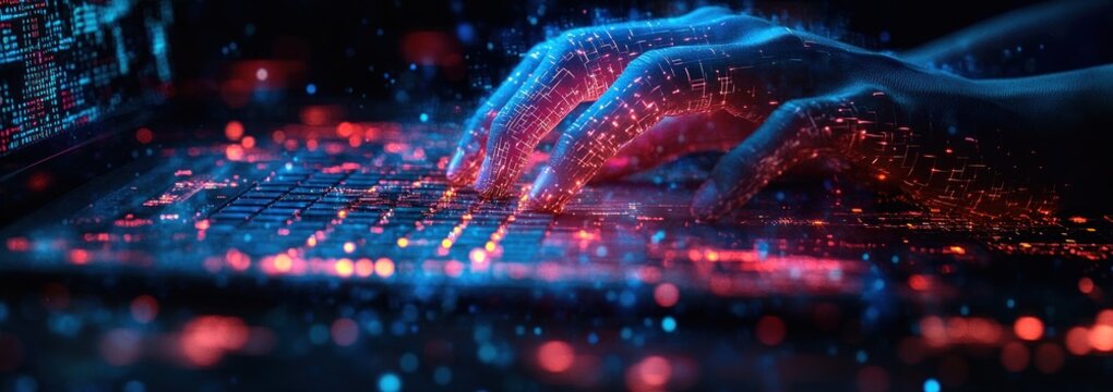 Futuristic Digital Workspace Cyberpunk Scene with Hand Typing on Laptop and Glowing Binary Code