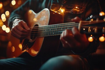 Obraz premium Acoustic Guitar Close-Up Hand Playing with Studio Microphone and Colored Lanterns Background