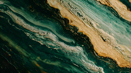 Naklejka premium Abstract close-up of swirling teal, gold, and beige paint creating a marbled texture. Lush color contrasts and organic forms reminiscent of natural landscapes.