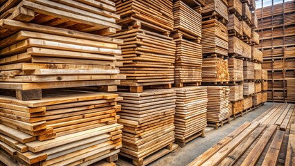 Fototapeta premium Wooden boards and planks stacked in a backdrop, wood, boards, planks, timber, background, texture, material, construction, stack