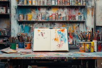 Obraz premium A paint-splattered sketchbook rests on a table in an artist's studio, surrounded by paint cans, brushes, and shelves filled with art supplies. The scene is a vibrant mix of colors and textures.