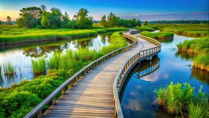Fototapeta premium Scenic boardwalk winding through lush green wetlands, boardwalk, nature, pathway, grassy, wetlands, scenic, outdoors