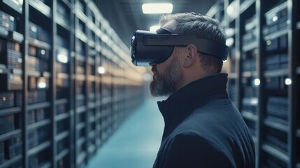 Man Using VR Headset in Server Room