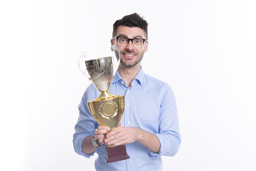 Successful business man in glasses hold champion cup. Business reward and success. Businessman winner. Business success. Businessman on successful meeting isolated on white. Customer satisfaction