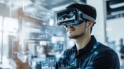 Man Using VR Headset for Data Analysis