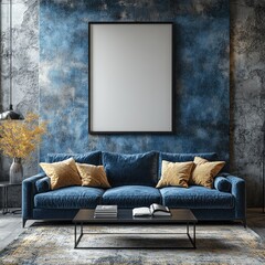 Modern Living Room with Blue Velvet Sofa and Blank Frame Mockup