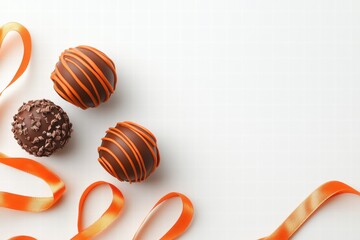 Delicious chocolate truffles with orange ribbons on white surface gourmet dessert minimalist style sweet concept